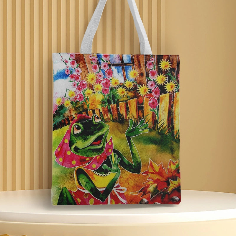 Women's Canvas Cartoon Frog Basic Classic Style Square Open Canvas Bag