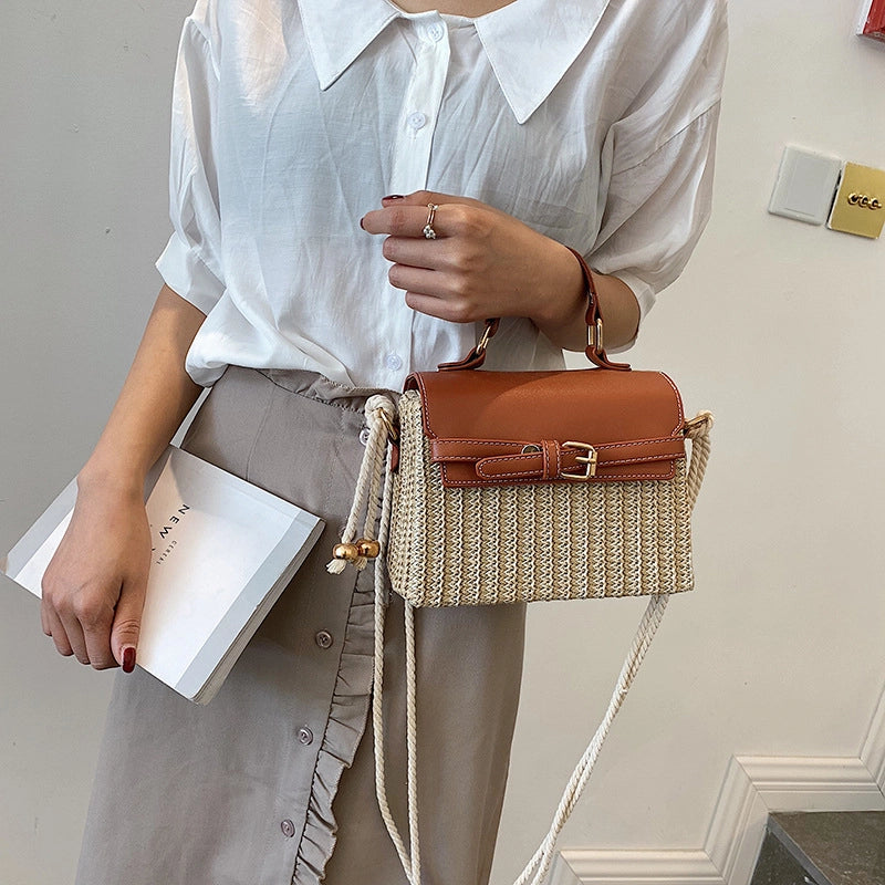 Women's Small Pu Leather Straw Color Block Vacation Classic Style Weave Square Magnetic Buckle Shoulder Bag Handbag Crossbody Bag