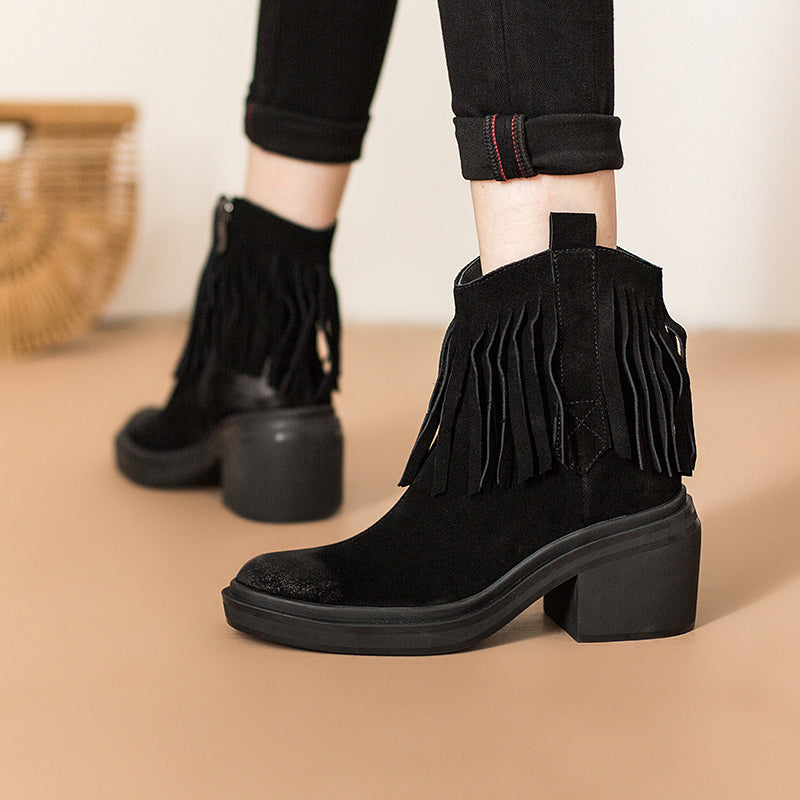 Western R Toe Cowgirl Boots With Tassels Handmade Suede Ankle Boots in Black/Brown