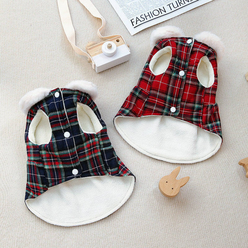 Plaid Fleece Bowknot Dog Harness Dress Coat