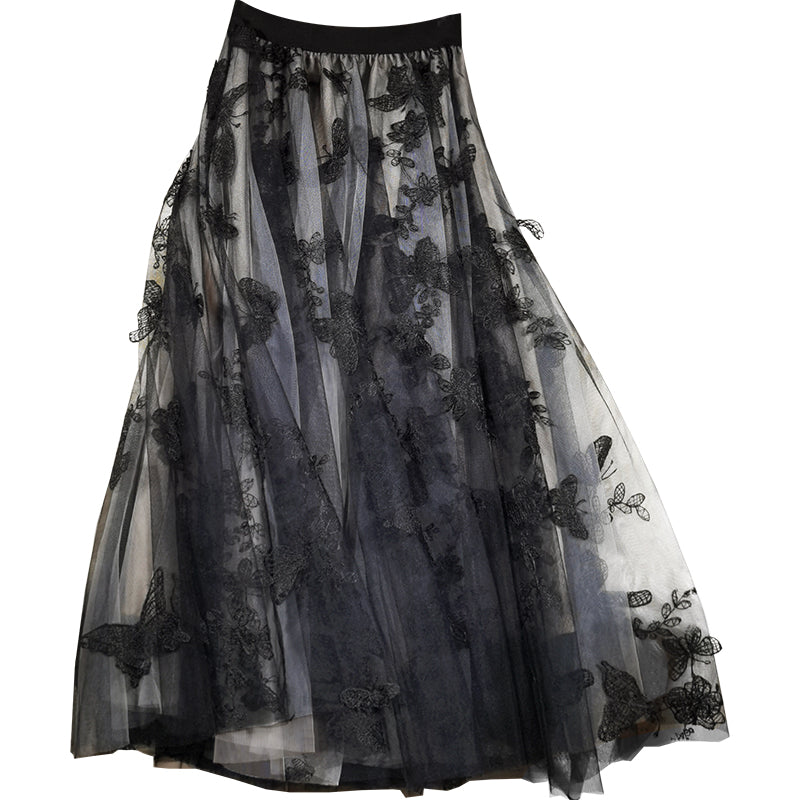 Elegant Black Embroideried Butterfly tulle High Waist Summer Skirts