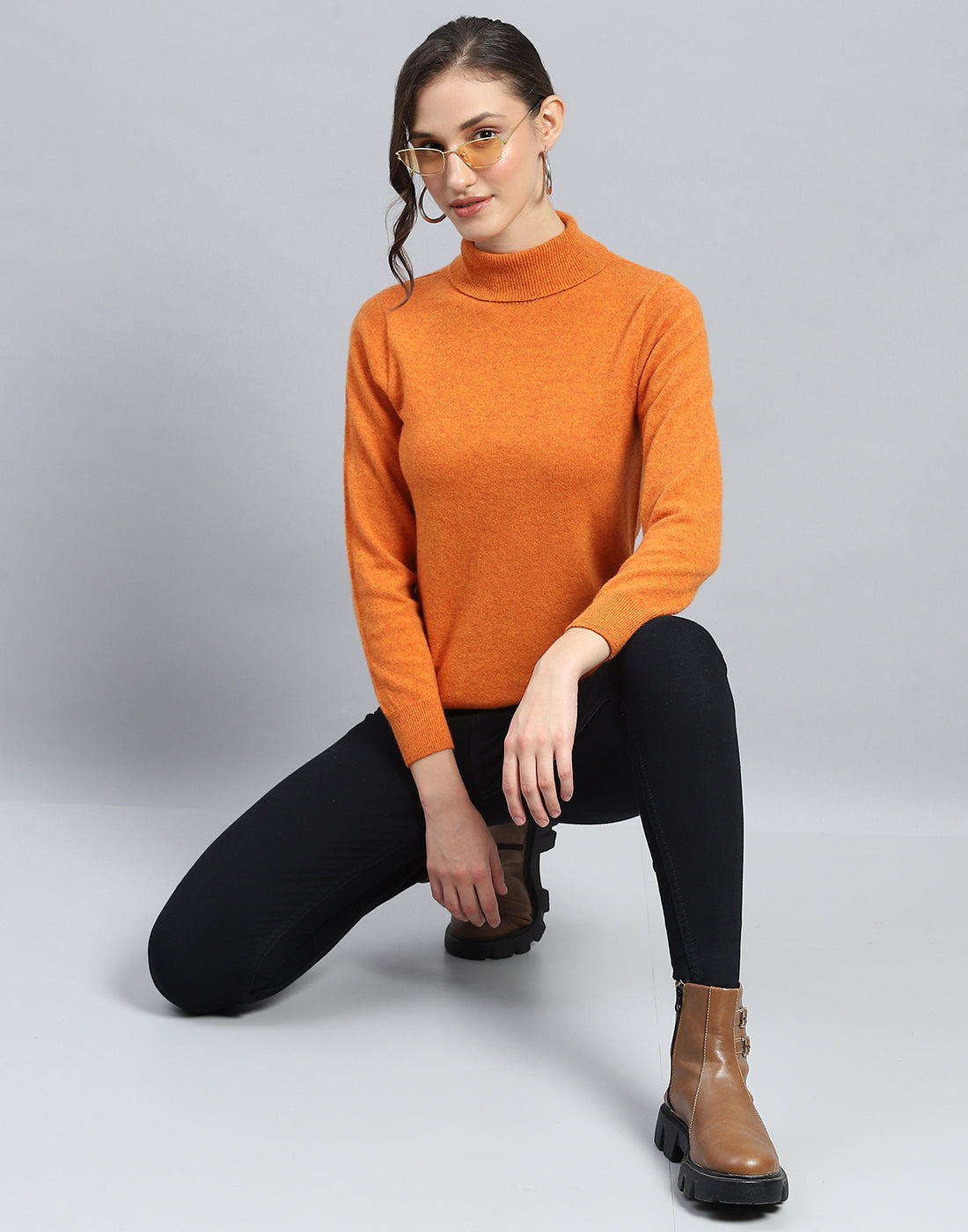 Women Orange Solid Turtle Neck Full Sleeve Winter Top