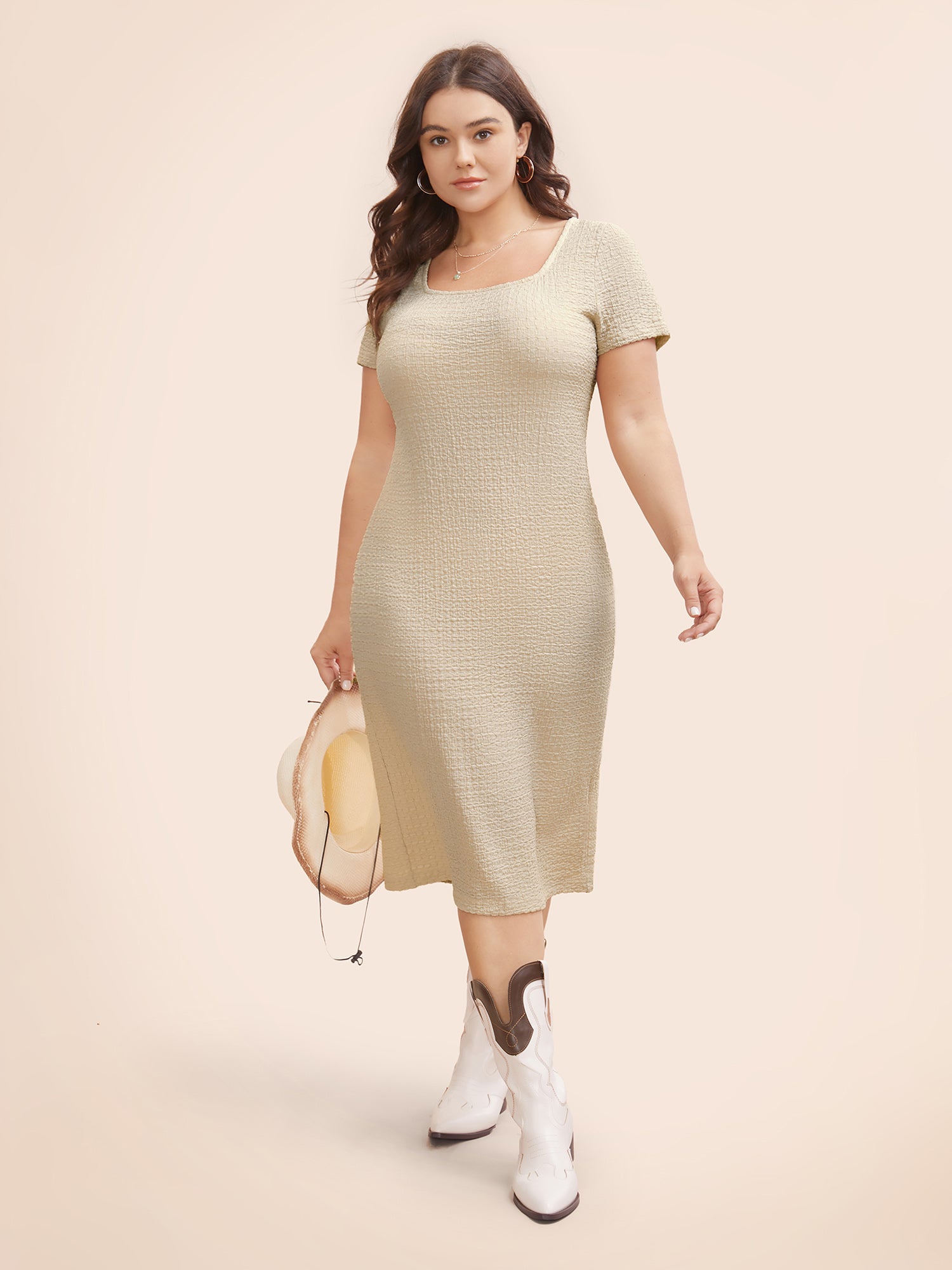 U Neck Textured Split Hem Dress
