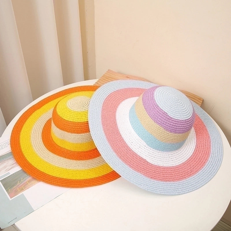 Women's Vacation Beach Color Block Big Eaves Straw Hat