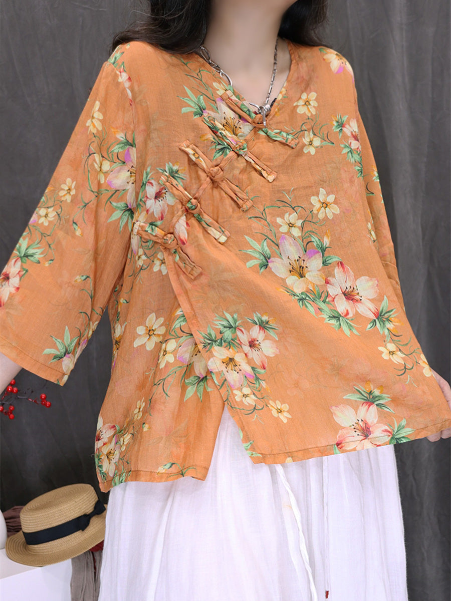 Women Summer Ethnic Flower 100%Ramie V-Neck Shirt