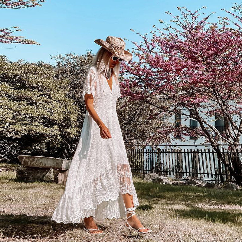 Boho Dress for Women|Bohemian Dress|Midi Boho Dress| Solid Short Sleeve Slim Bohemian Maxi DressV-neck Boho Sundress Vestidos|Wedding Guest Dress