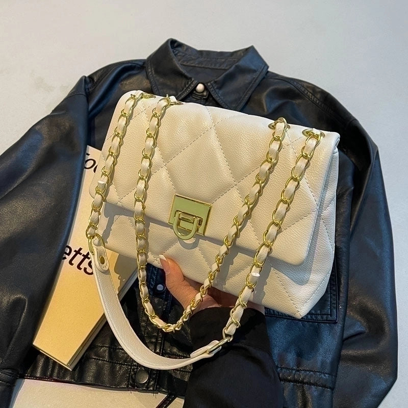 Women's Lingge Classic Style Sewing Thread Square Lock Clasp Shoulder Bag