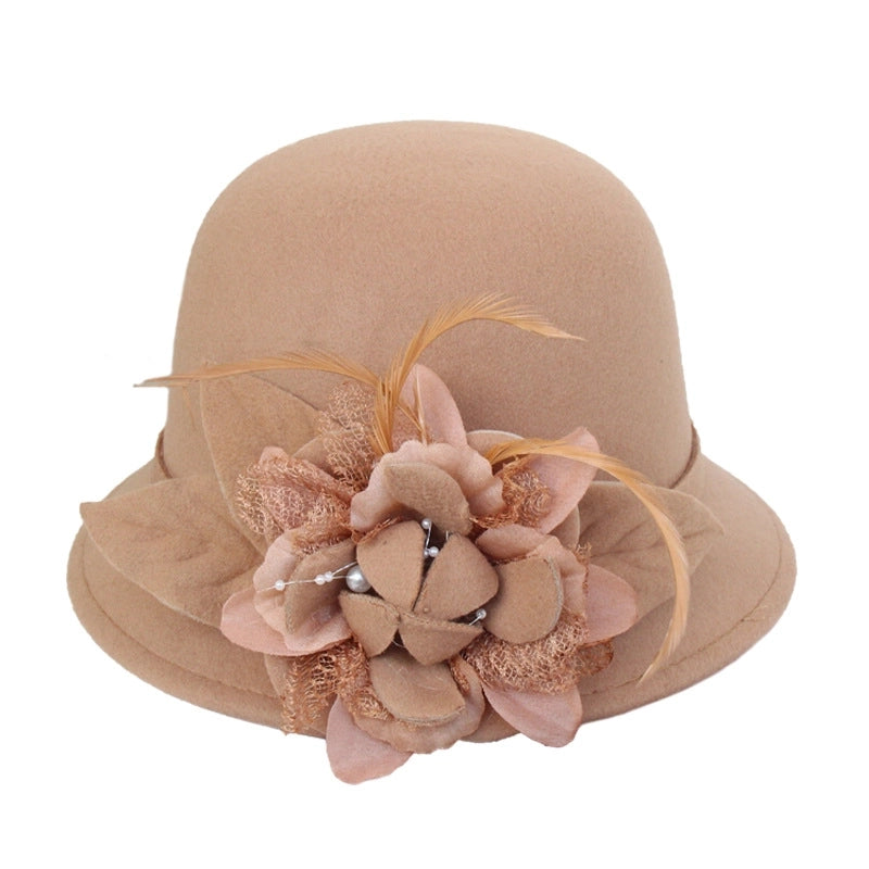 Fisherman Hat Female British Retro Feather Flower Wool Hat  Elegant Socialite Felt Hat Basin Hat