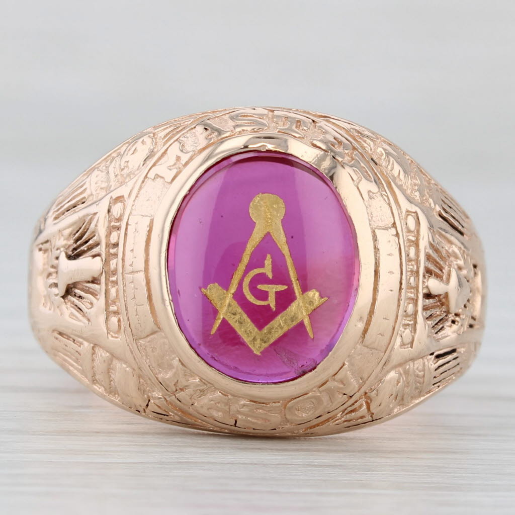 Vintage Masonic Signet Ring 10k Gold Lab Created Ruby Square Compass Blue Lodge