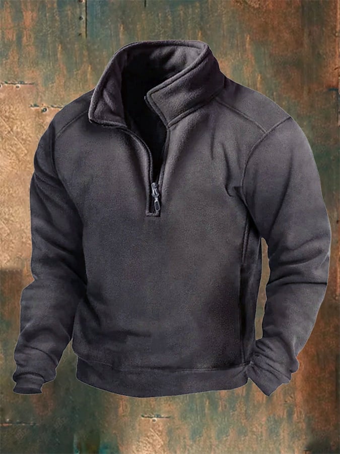 Western Style Stand Collar Zipper Solid Color Men's Sweatshirt
