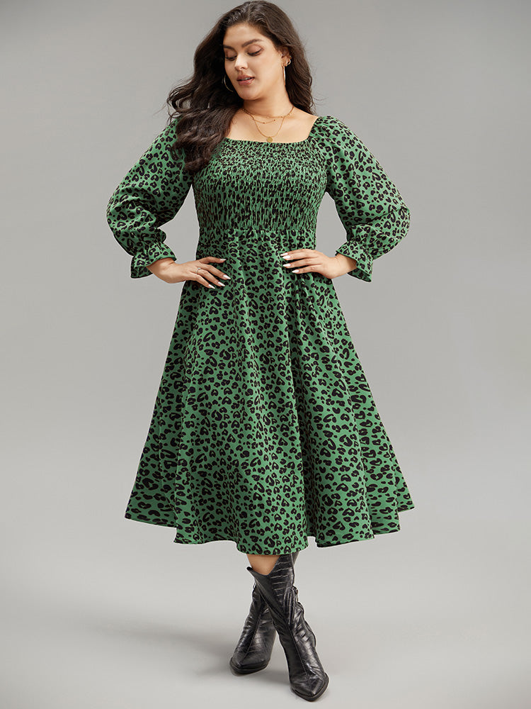 Leopard Print Shirred Square Neck Pocket Dress