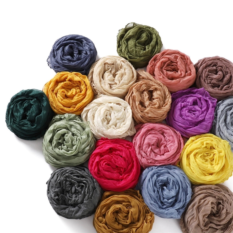 Spring And Autumn Pure Color Silk Yarn Twist Wrinkle Cotton And Linen Breathable Thin Scarf Female Cover Scarf In Stock
