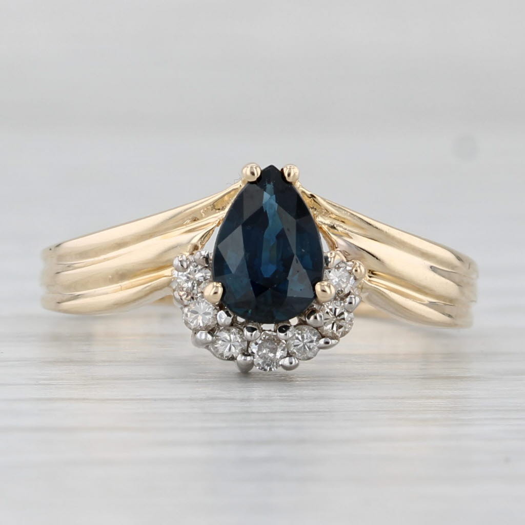 0.85ctw Pear Blue Sapphire Diamond Contoured V Ring 14k Yellow Gold Size 7.5