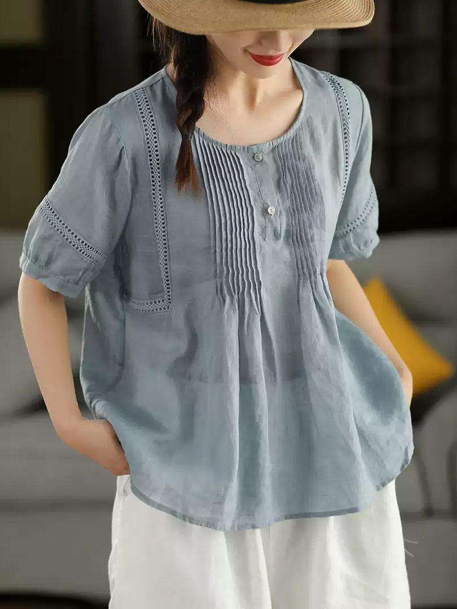 Women Summer Artsy Shirred O-Neck 100%Ramie Shirt