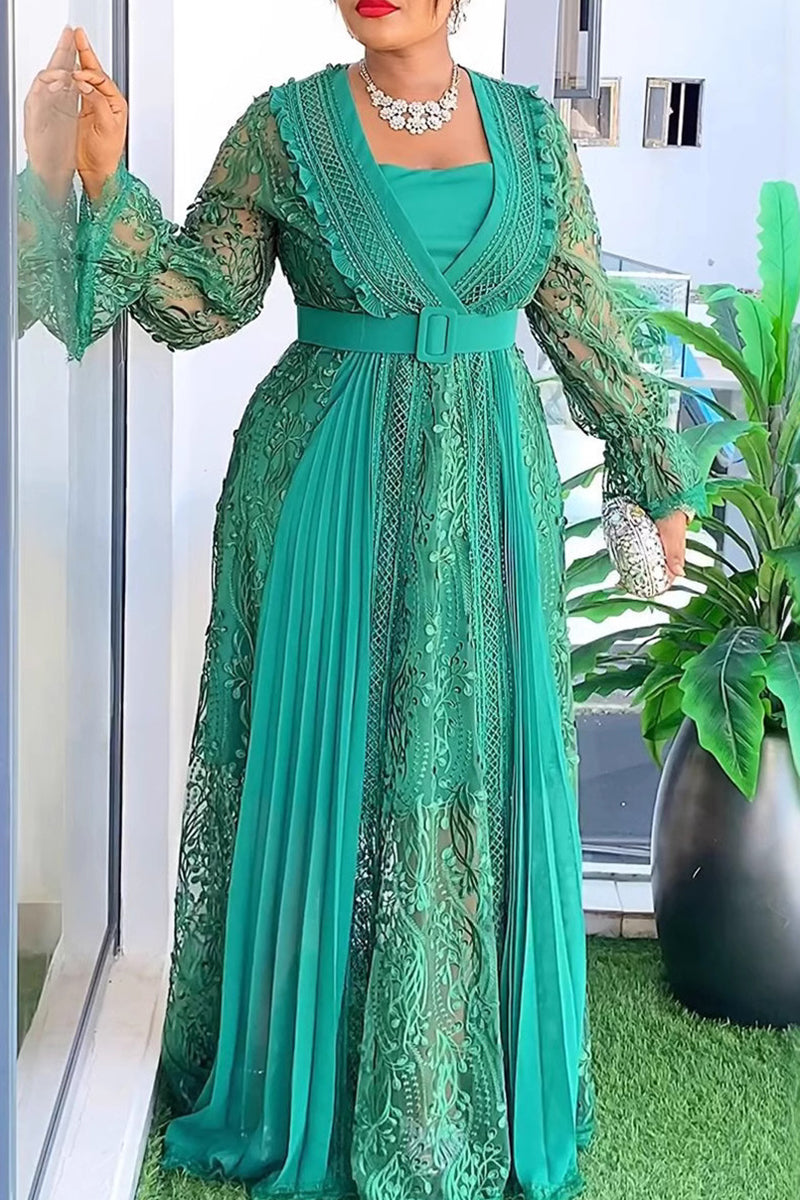 Elegant Solid Color Patchwork See-Through With Belt V Neck Plus Size Two Pieces