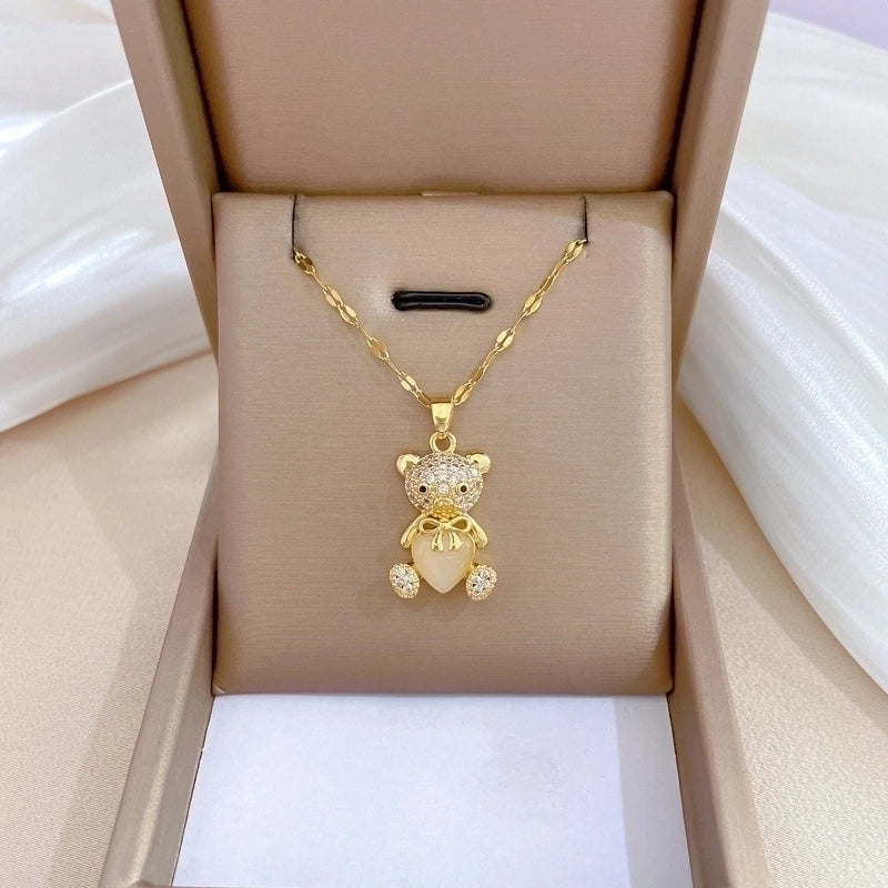 Minimalist Bear Titanium Steel Copper Plating Inlay Zircon Pendant Necklace