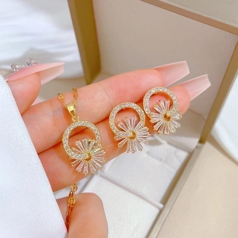 Copper Minimalist Plating Inlay Rhombus Bow Knot Zircon Jewelry Set