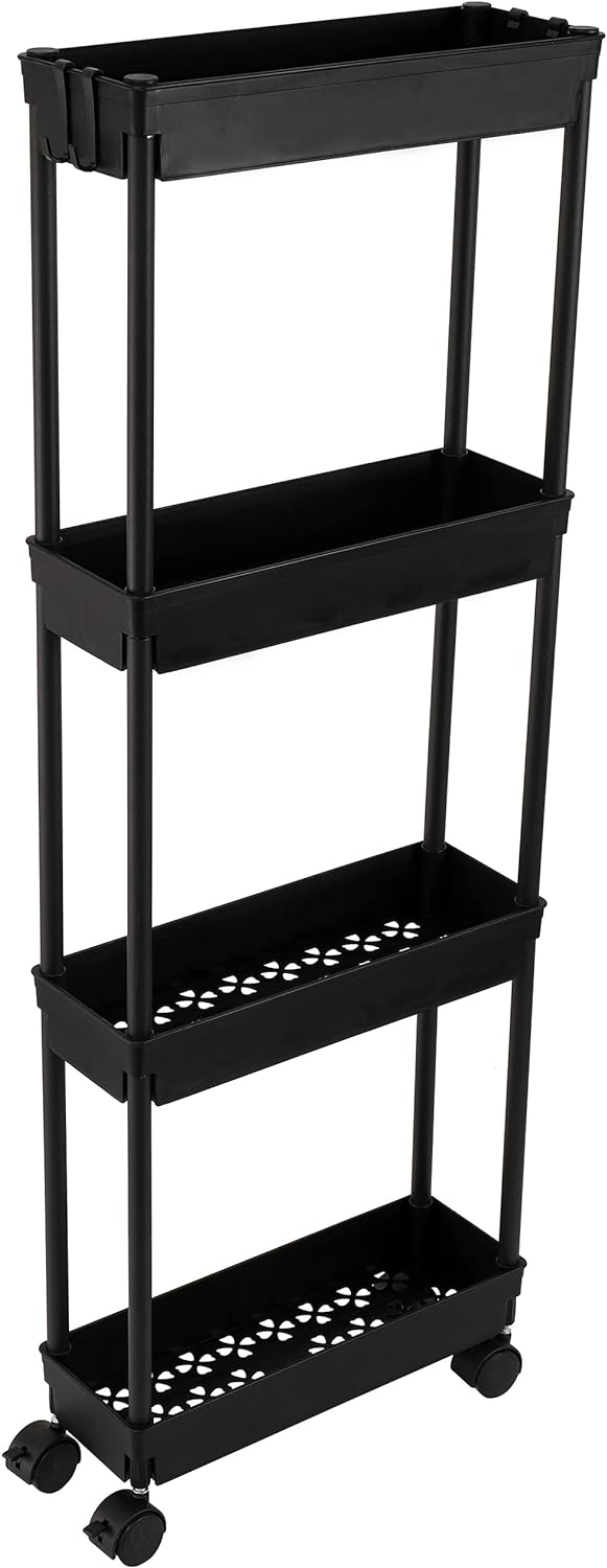 4 Tier Slim Storage Cart. Rolling Storage Cart. Narrow Shelf For Kitchen. Bathroom. Laundry Room (Black)