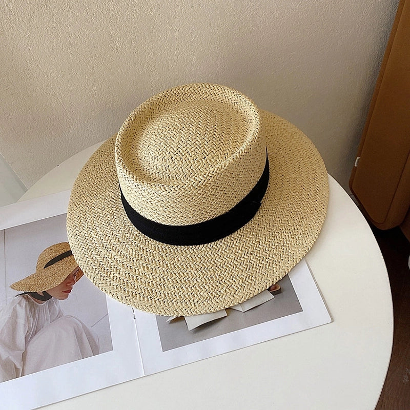 Women's Minimalist Classic Style Color Block Flat Eaves Straw Hat