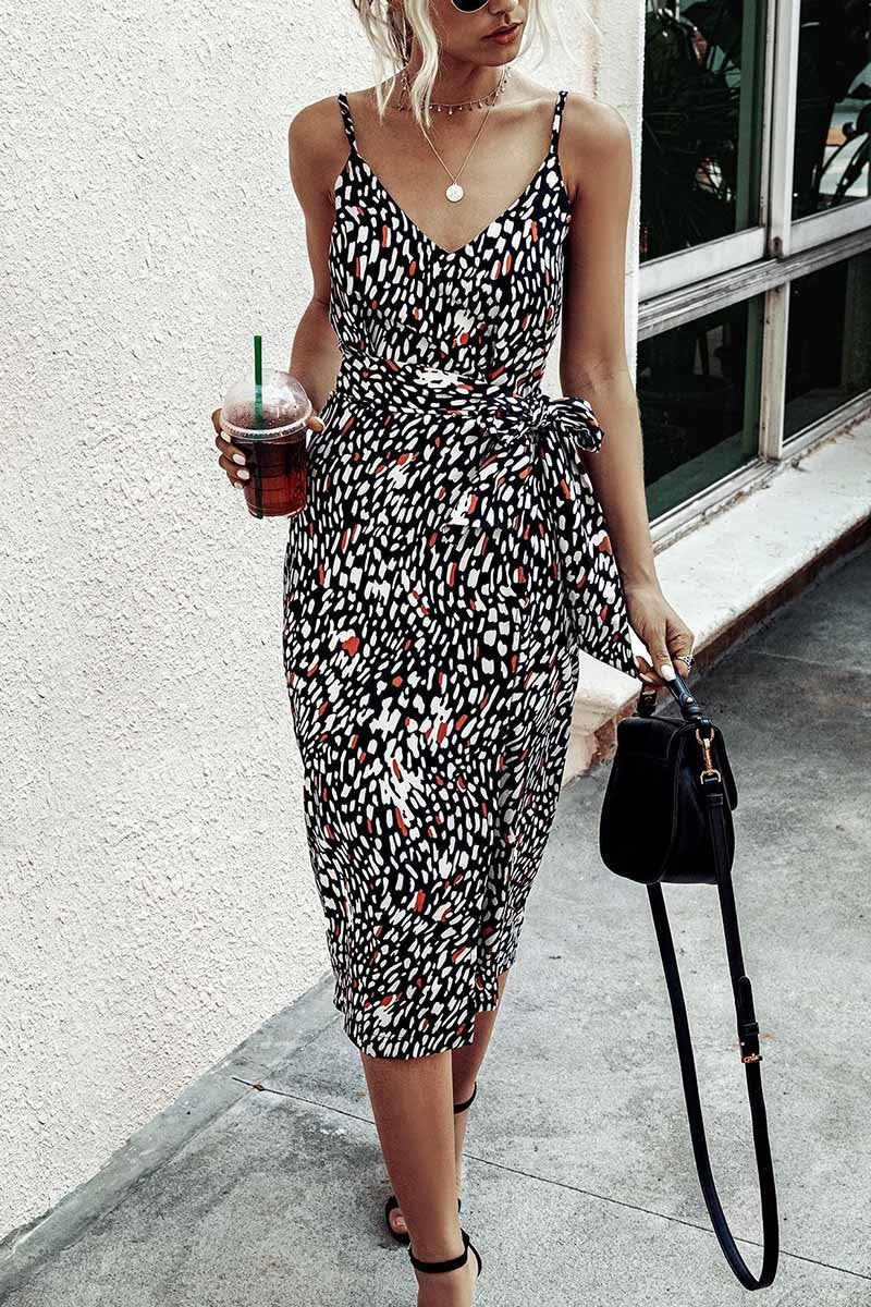 Florcoo V Neck Print Dress With Belts(4 Colors)