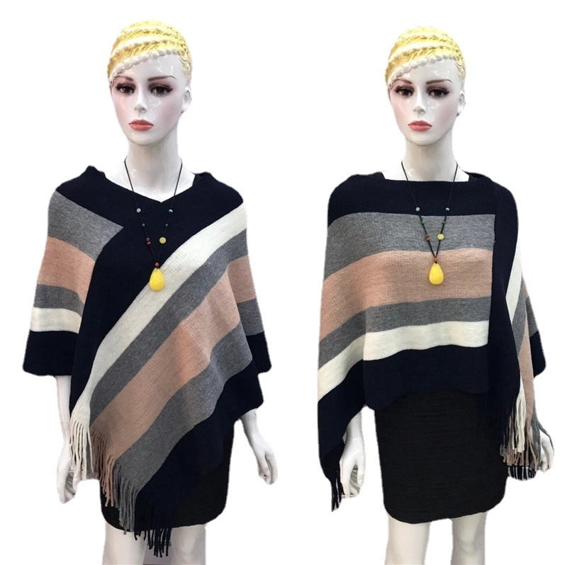 Women's Wear Tassel Pullover Midi Knitted Cloak Women's Winter Fashion Shawl Striped Sweater Coat