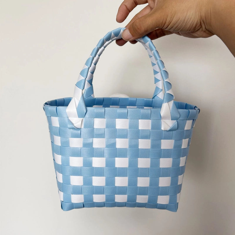 Women's PVC Color Block Plaid Vacation Weave Square Open Square Bag
