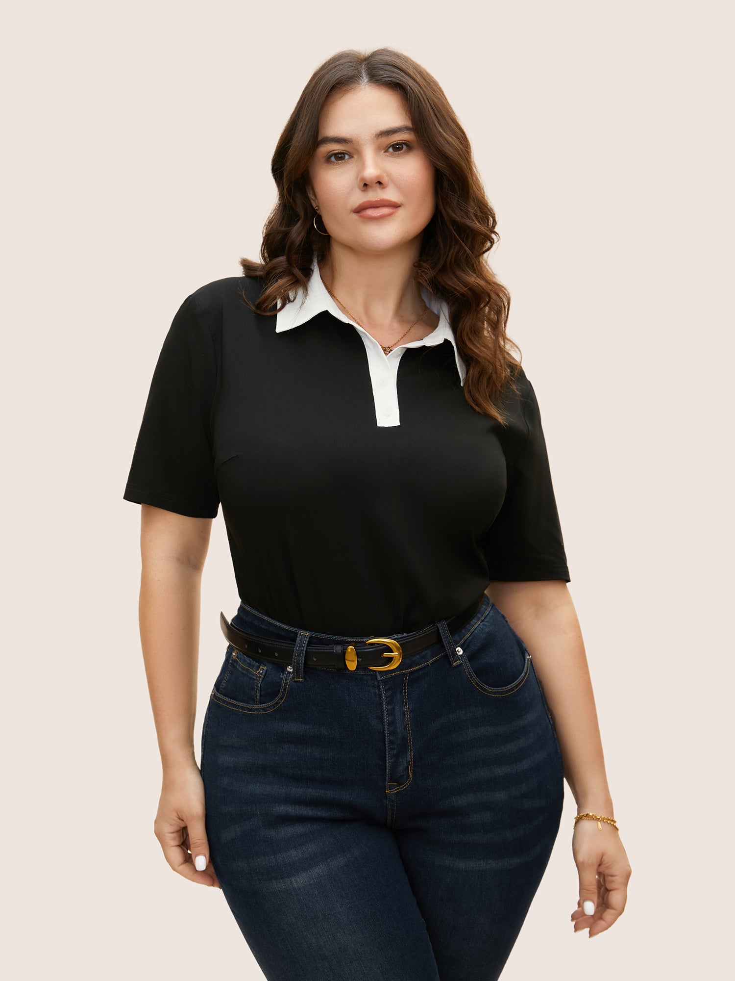 Stretchy Woven Shirt Collar Contrast Blouse