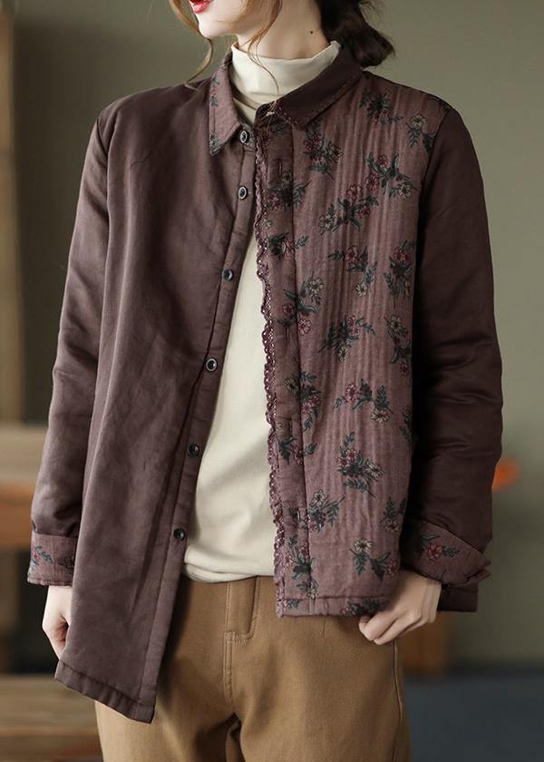 Style Lapel Asymmetric  Coats Women Blouses Chocolate Print Art Jackets
