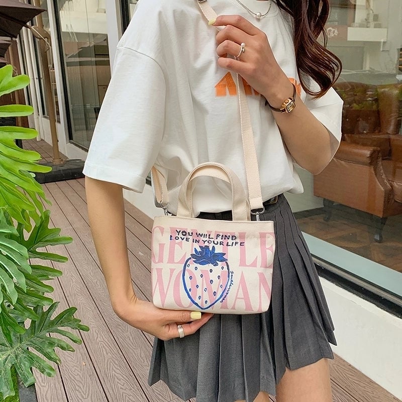 Women's Canvas Letter Cat Strawberry Cute Sewing Thread Open Handbag Crossbody Bag