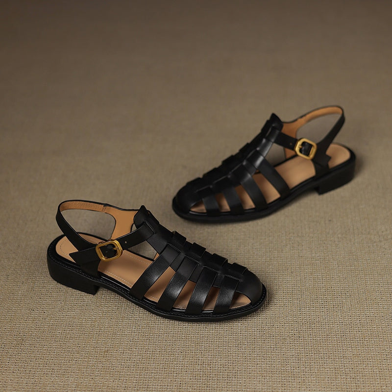 Roman Style Genuine Leather Gladiator Fisherman Sandals with Buckle in Black/Brown/Beige
