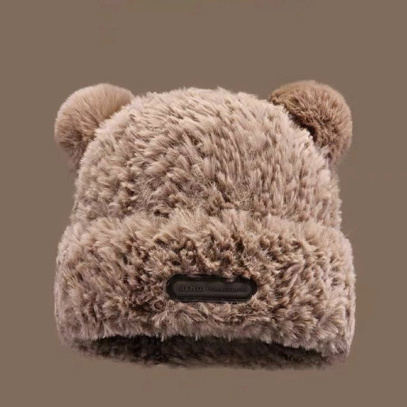 Cute Bear Fluffy Hat Winter New Women's Warm Thickened Ear Protection Hat Big Head Wai Knitted Wool Hat