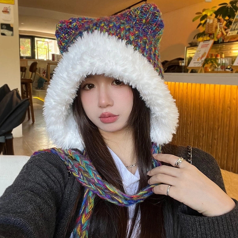 Qiyu Hat Bear Hat Autumn And Winter Wool Knitted Cat Ear Hat Versatile Cute Face-looking Small Warm Fashion Hat