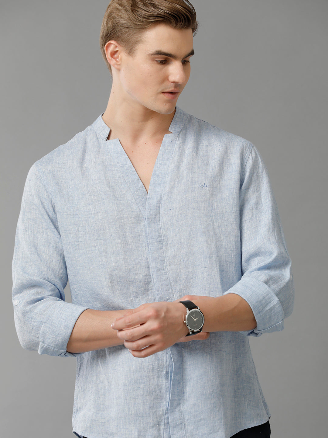 Mens Regular Fit Solid Blue Casual Linen Shirt (LAUNI)