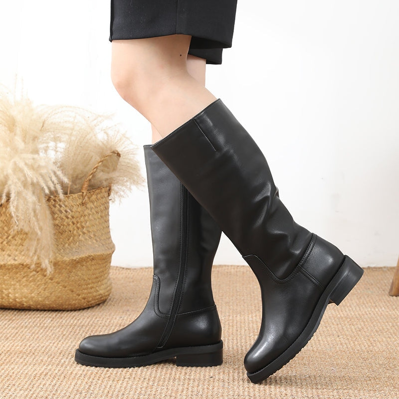 Wide Fit Handmade?Leather Knee High Boots Side Zip Riding Boots in Black Short Plush Lining
