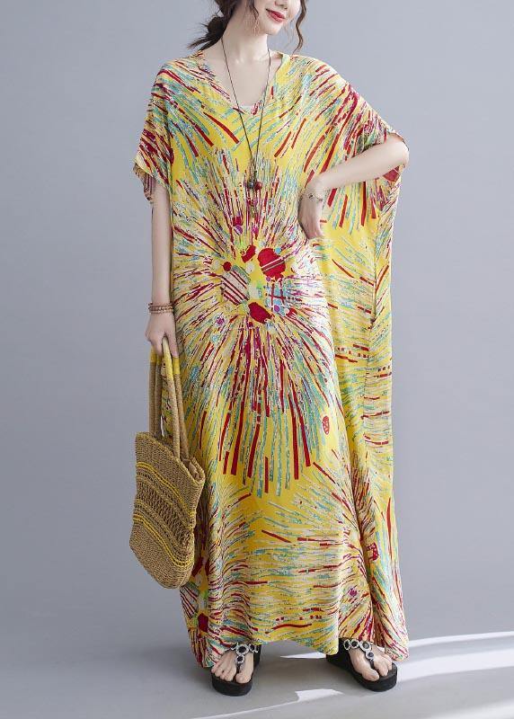 Casual Yellow Print Cotton V Neck Oversize Summer Dress