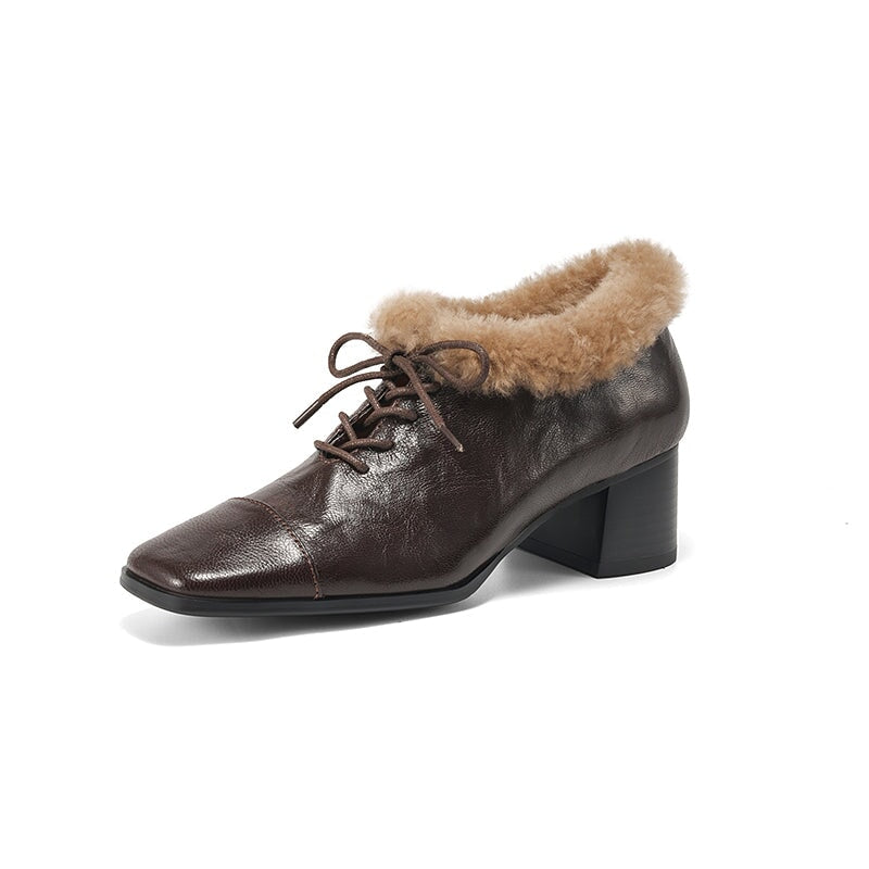 British Style Sheepskin Oxfords Shoes For Women with Wool Lined Block Heels in Coffee/Black