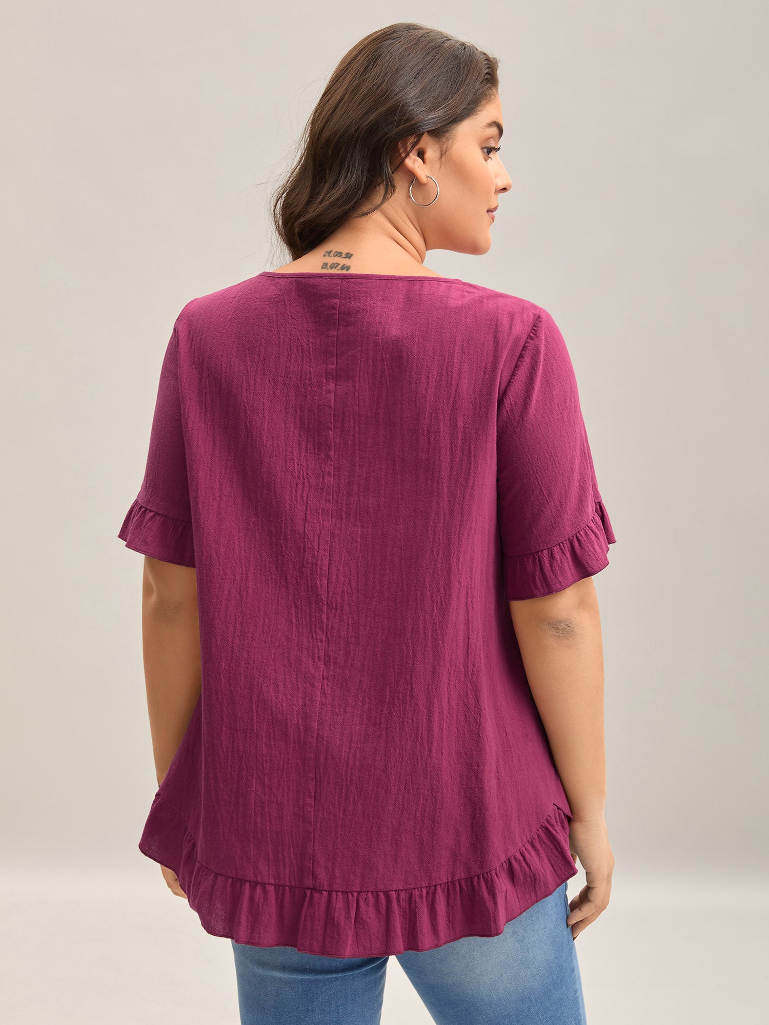 Pure Cotton Ruffled Curved Hem Blouse