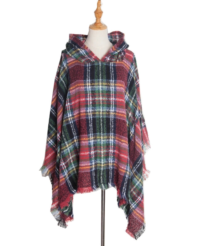 Direct New Cape Europe And The United States Spring And Autumn And Winter New Barbed Wool Pullover Plaid Hat Cape Shawl