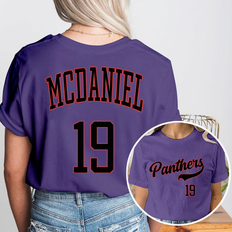 Personalized  Mascot And Your Number Simple Font Design Teacher Two Sided T-Shirt