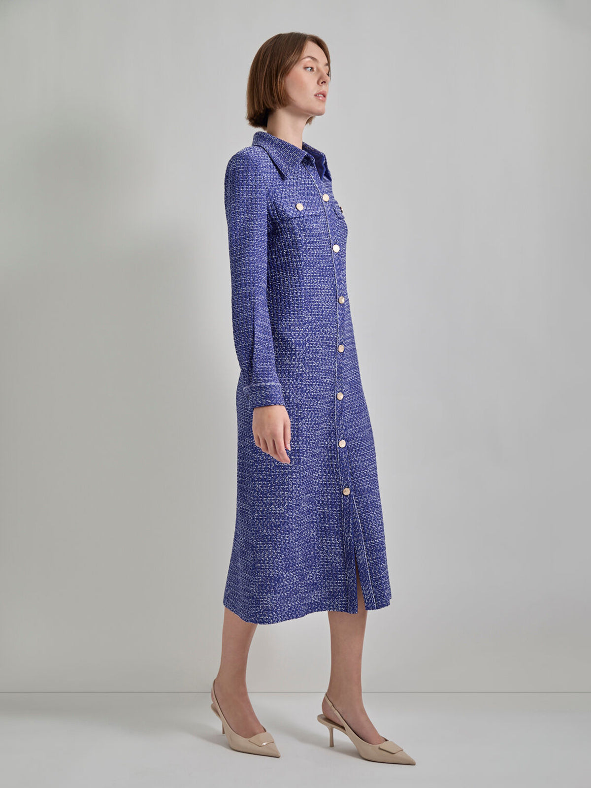 Belted Button Front Tweed Knit Midi Dress