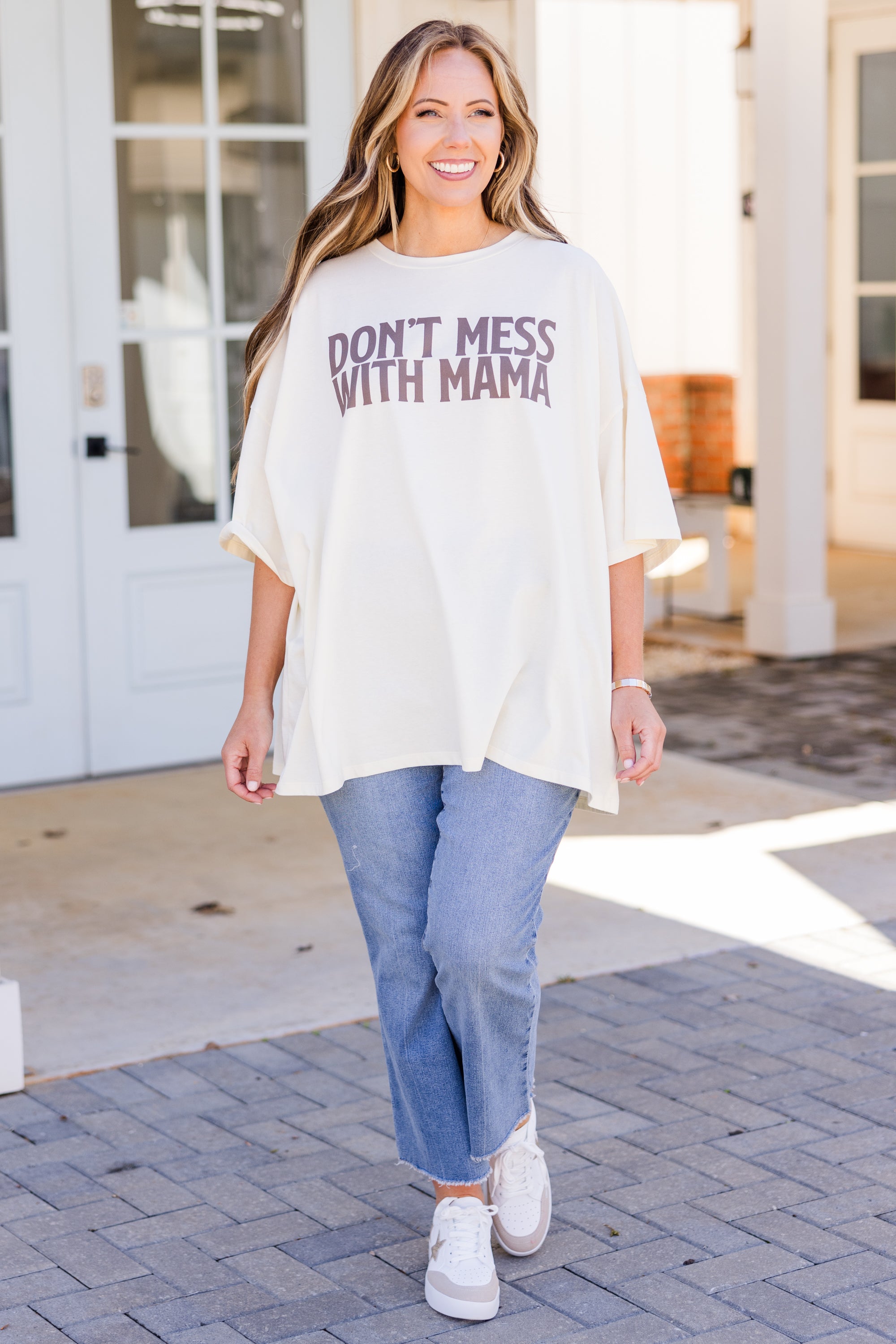 Don't Mess With Mama Boyfriend Tee. Ivory