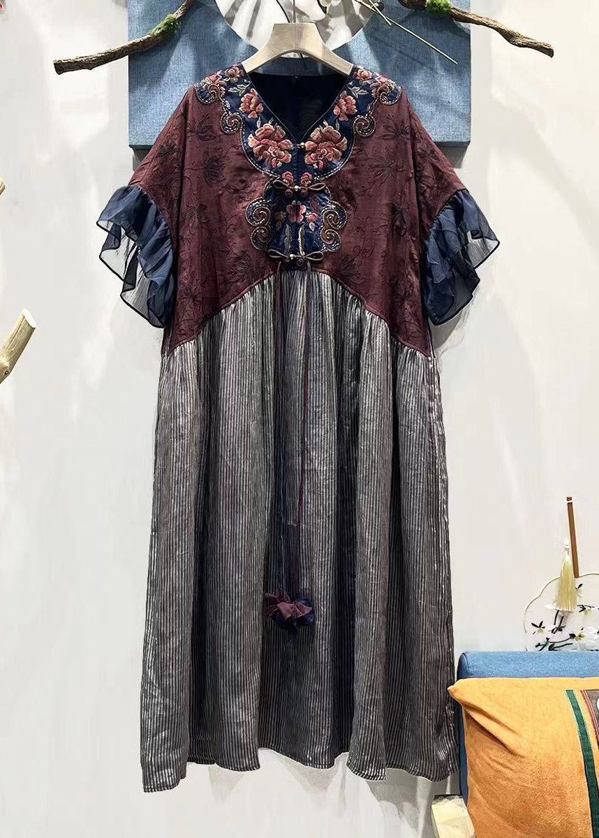 Original V-Neck Embroidered Loose Cotton Blend Dress Butterfly Sleeve