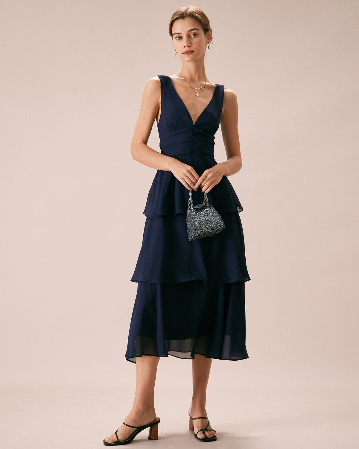 The Navy V Neck Ruffle Layered Midi Dress
