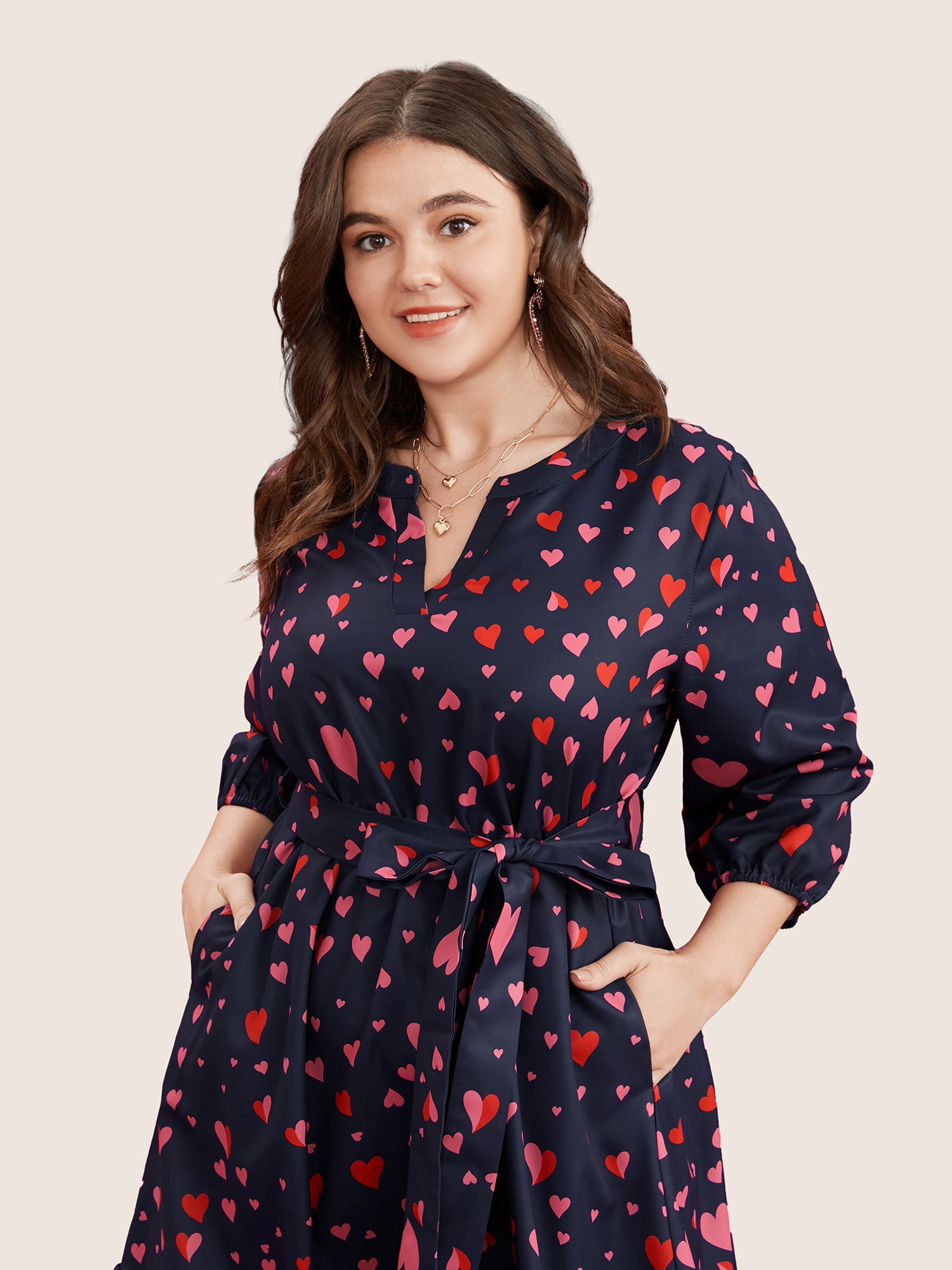 Heart Print V Neck Pocket Belted Lantern Sleeve Ruffles Dress