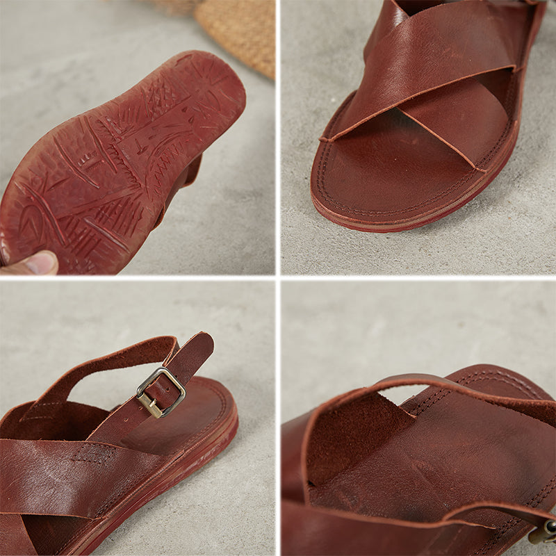 Genuine Leather X-Strap Peep Toe Slingback Flat Sandals Gladiator Style for Summer in Coffee/Khaki