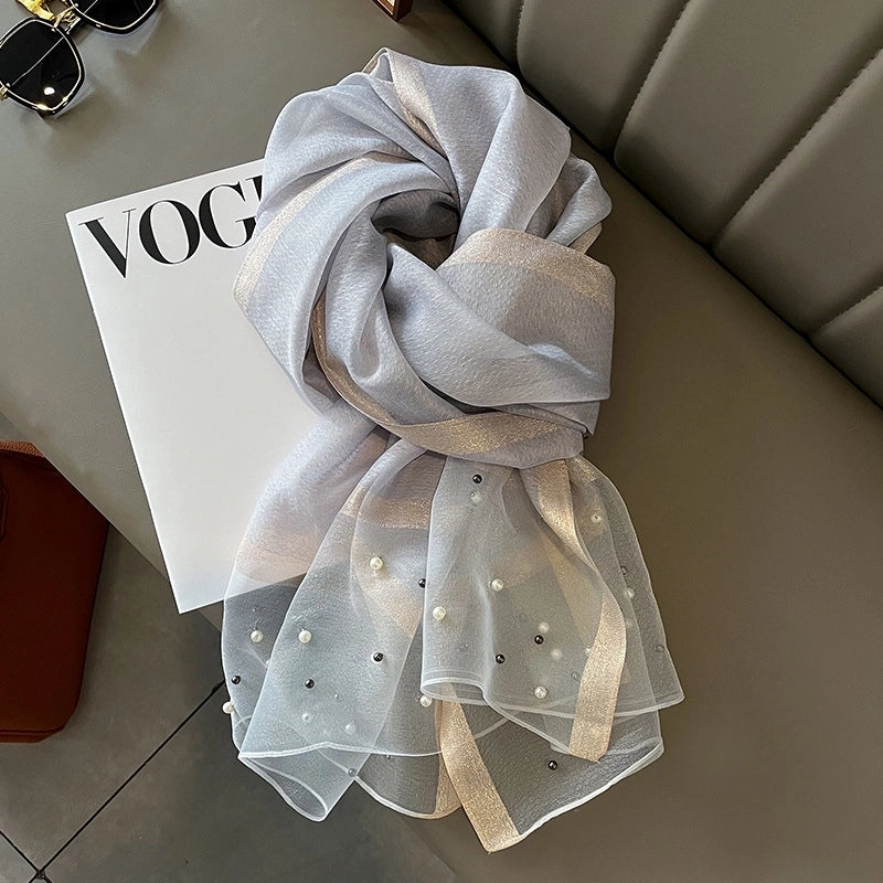 Women's Minimalist Color Block Satin Pearl Silk Scarf