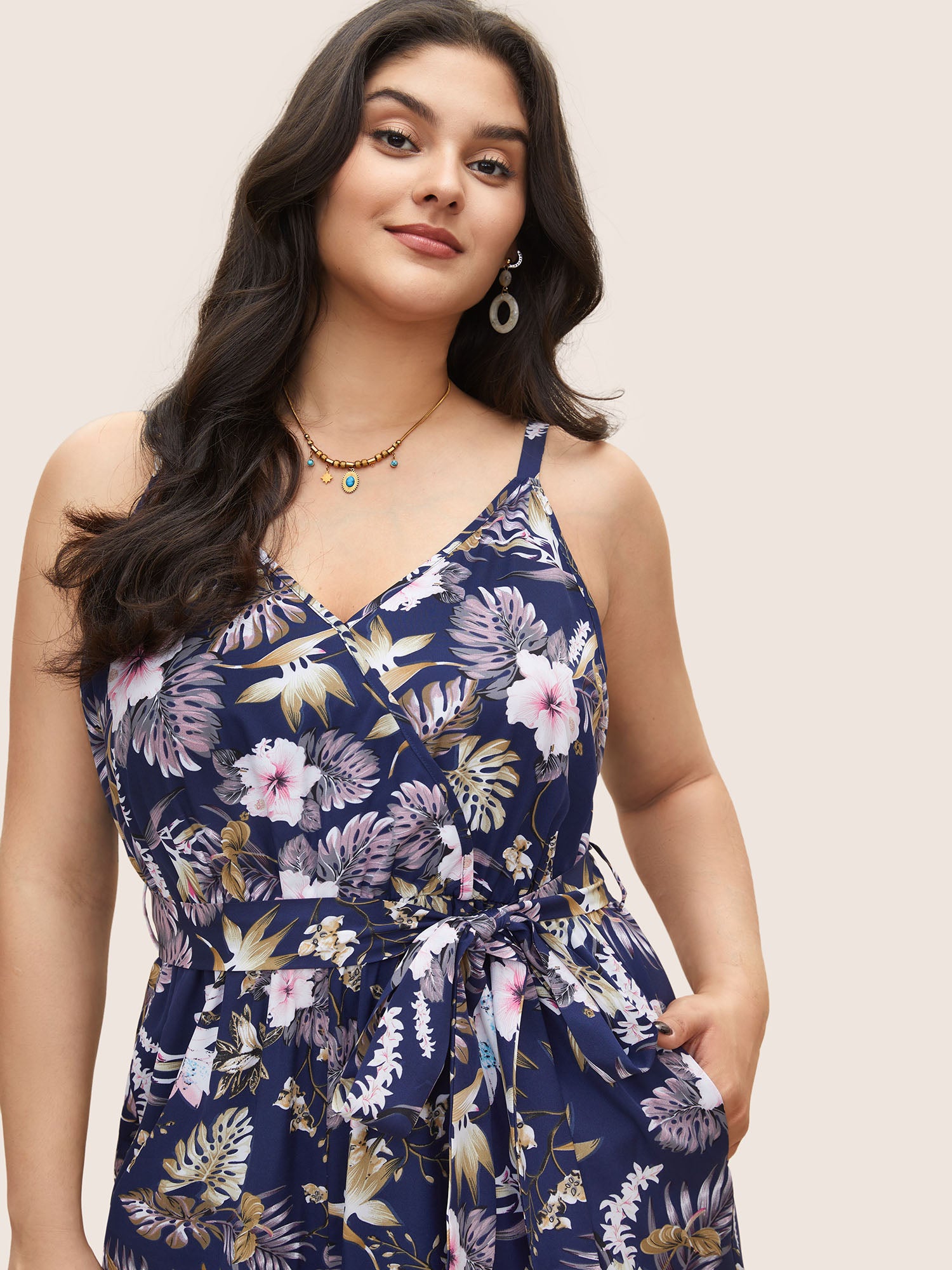 Floral Belted Pocket Wrap Cami Jumpsuit