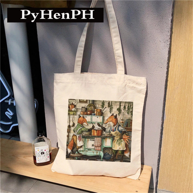 Women's Canvas Printing Animal Streetwear Square Open Canvas Bag