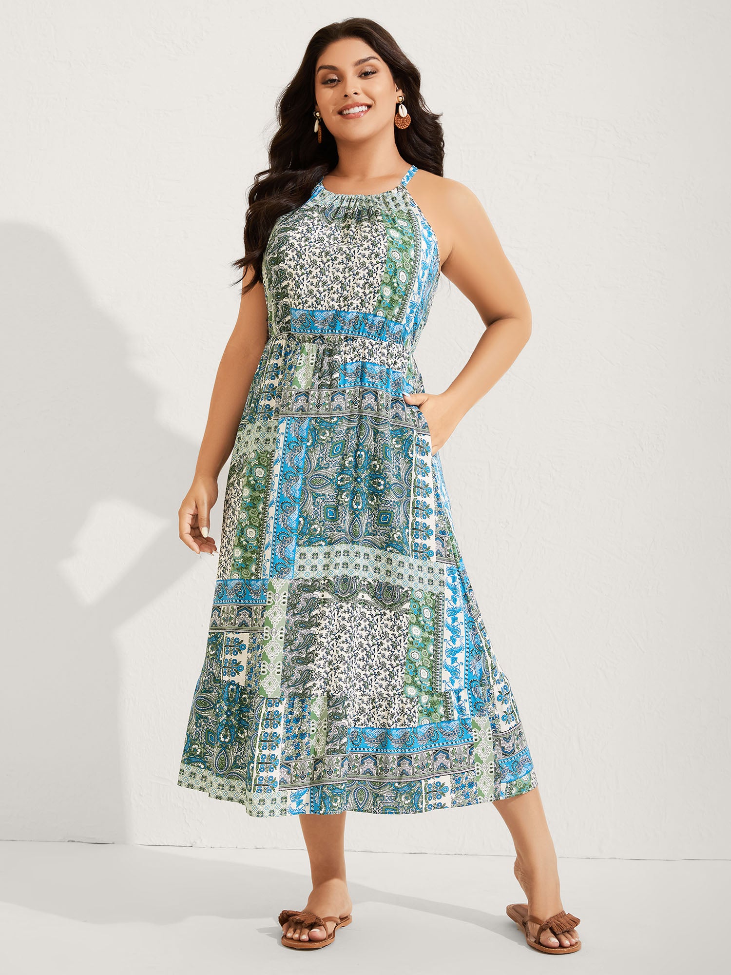 Boho Print Halter Neck Pockets Midi Dress