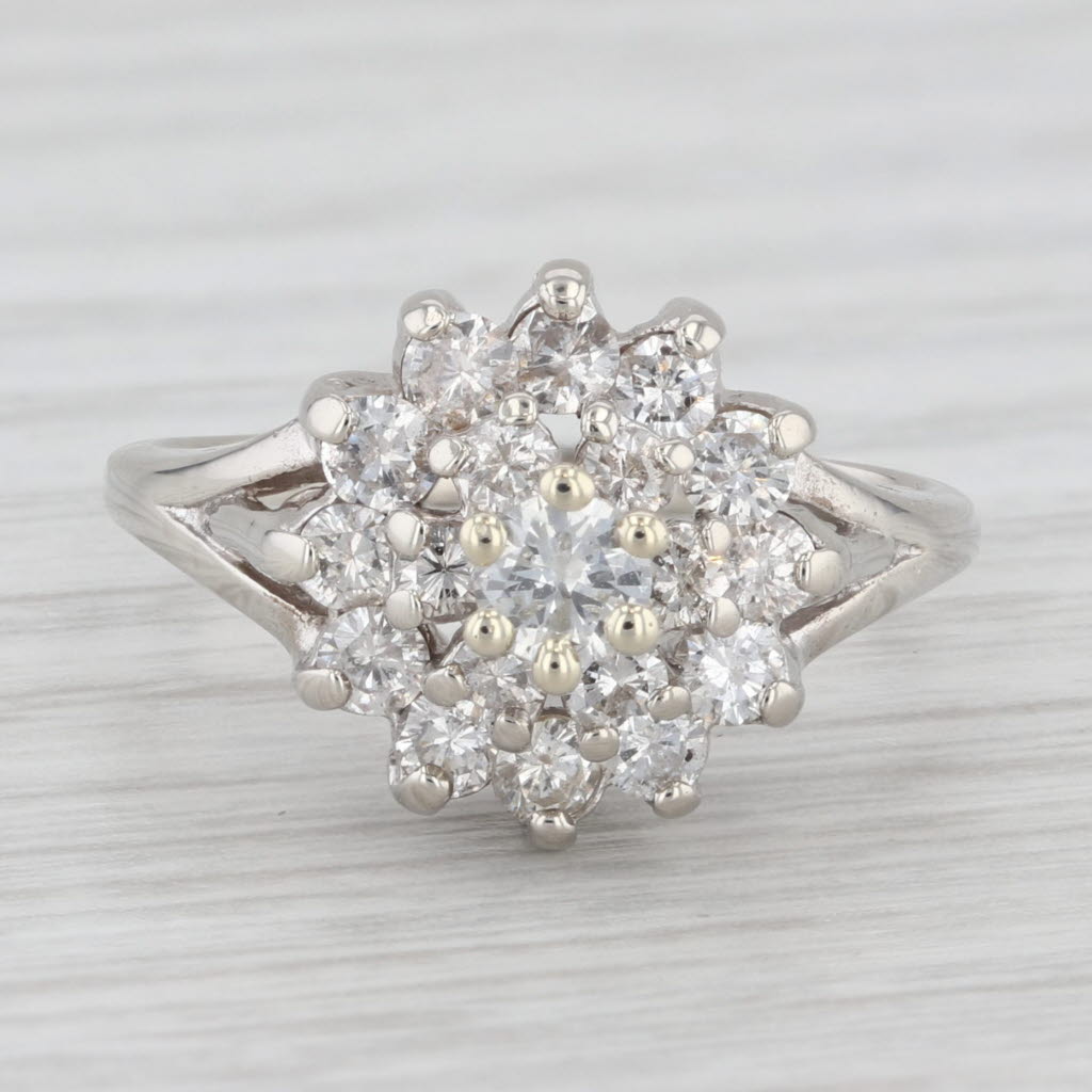 0.89ctw Diamond Cluster Ring 14k White Gold Size 6.25 Engagement